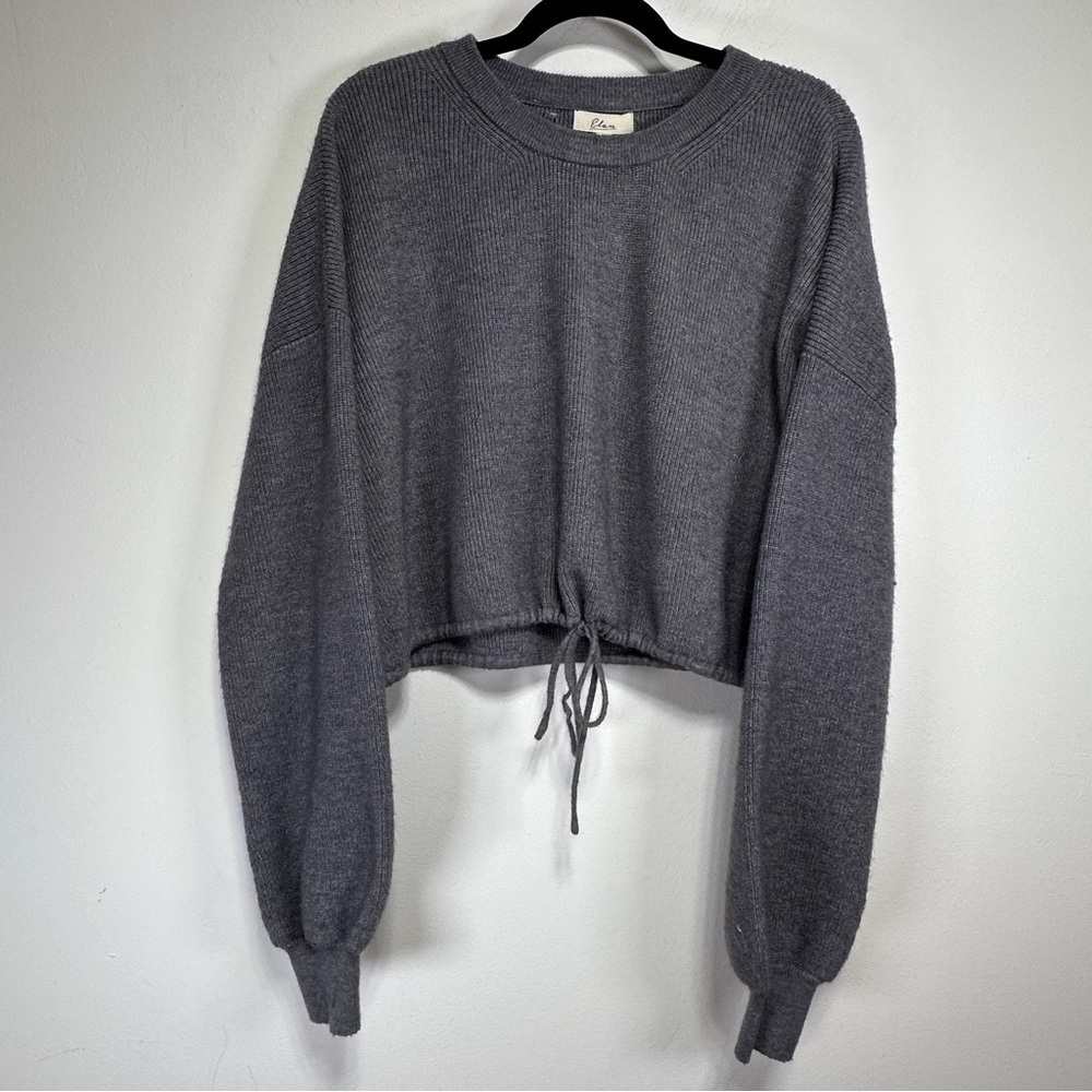 Elan Charcoal Gray Cropped Knit Sweater Drawstring Hem Balloon Sleeve S